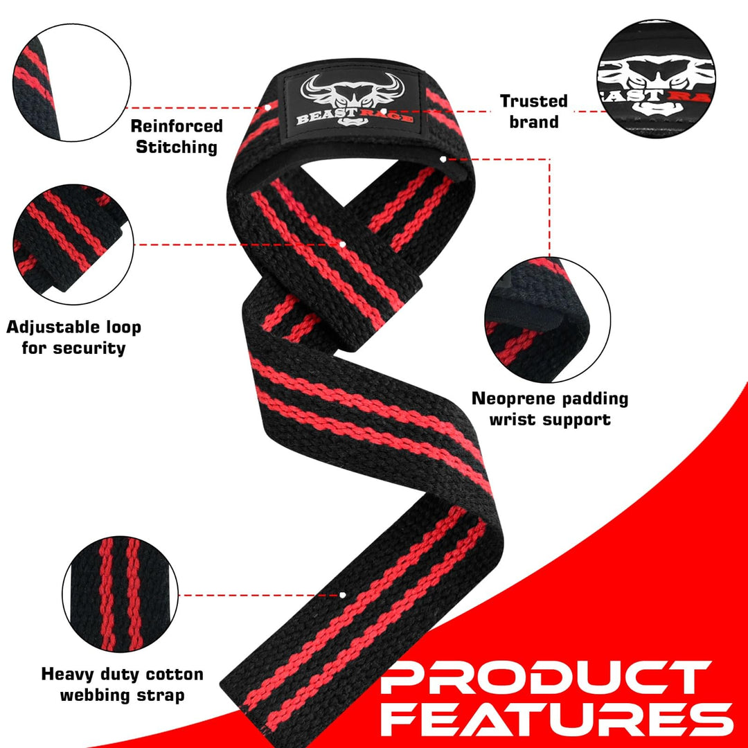BEAST RAGE Lifting Wrist Straps for Weightlifting, Weight Lifting Straps Gym Power Workouts Lifting Straps Padded Cotton Men Women Supportive Lift Deadlift Straps Hard Pull Exercise Straps (Black / Red)