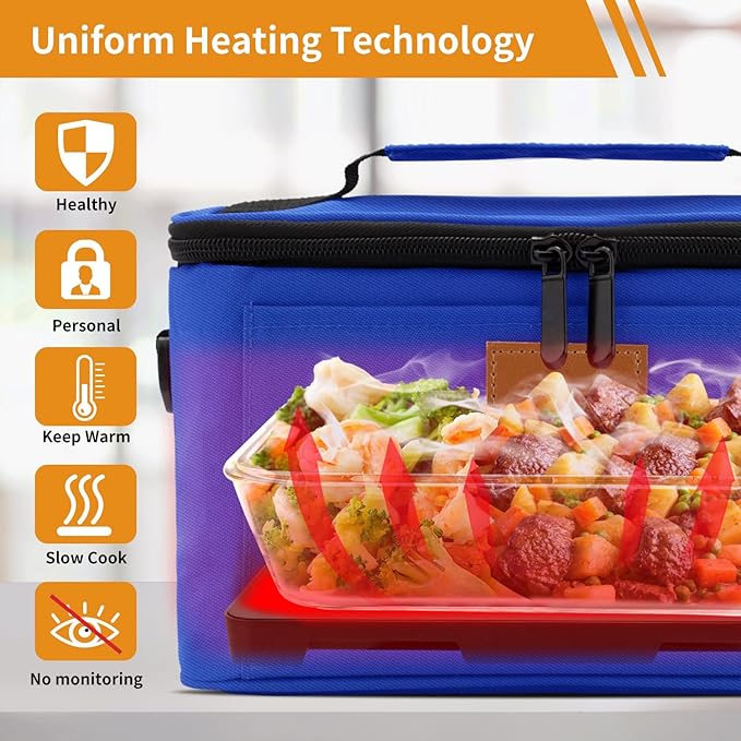 Aotto Portable Oven, Electric Lunch Box Food Heater - 12V/24V/110V 3-in-1 Car Food Warmer - Heated Lunch Box for Adults - Cook, Reheat & Keep Meals Warm for Car, Truck, Travel, Work, Home - Blue