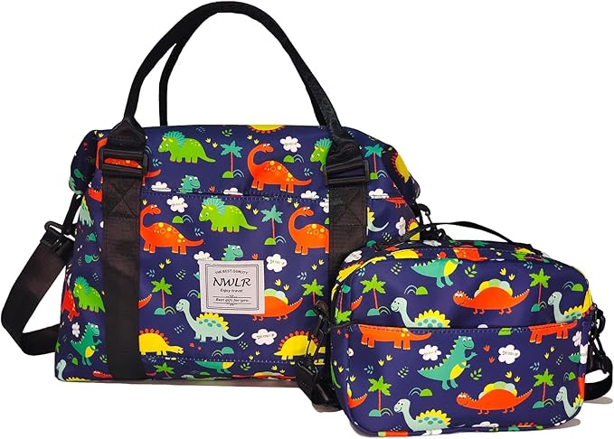 Travel Duffle Bag Weekender Overnight Bag Gym Tote with Wet Pocket for Women Girls Workout Duffel Bag Water Resistant (W-Cute Dinosaurs+Toiletry Bag)