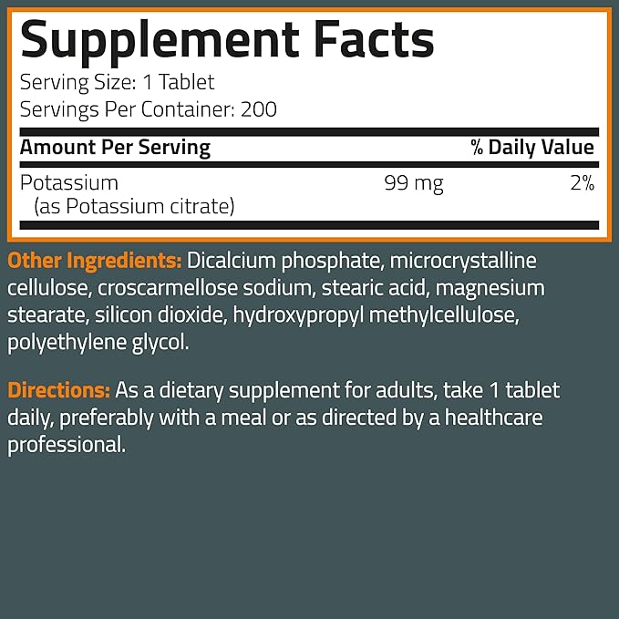 Bronson Potassium Citrate 99mg Essential Mineral Non-GMO, 200 Vegetarian Tablets