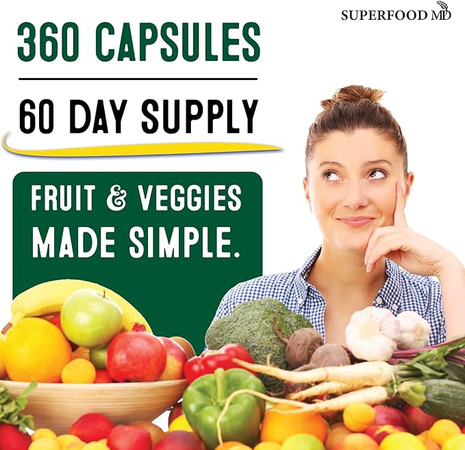 Superfood Fruit and Veggie Supplement - 360 Whole Super Fruit and Vegetable Supplements & Vitamin, Natural Energy Levels, with Olive Leaf Soy Free- 180 Count (Pack of 2)