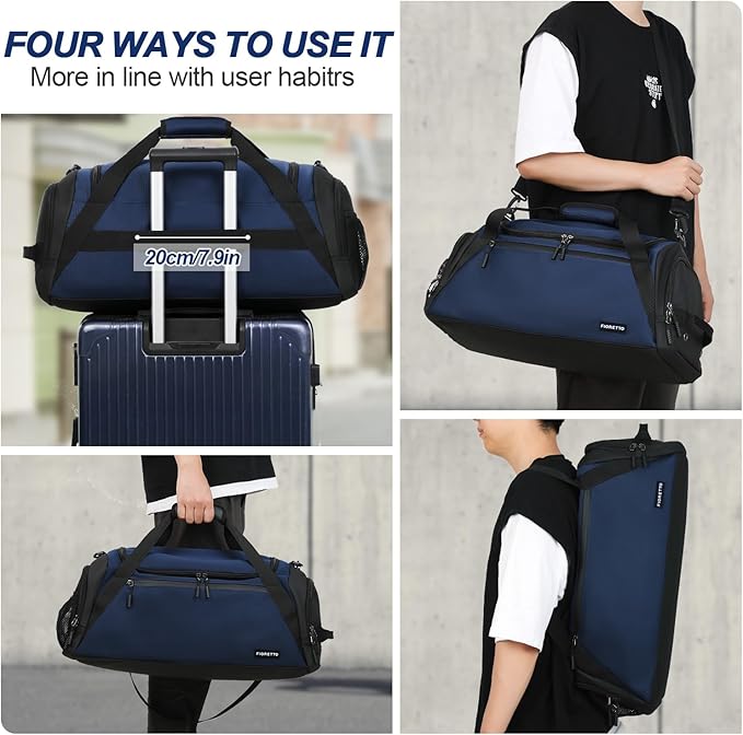 FIORETTO 43L Mens Sports Gym Bag with Wet Pocket & Shoe Compartment, Travel Duffle Bag Overnight Bag with Padded Shoulder Strap, Holdall for Swimming, Basketball, Football Navy