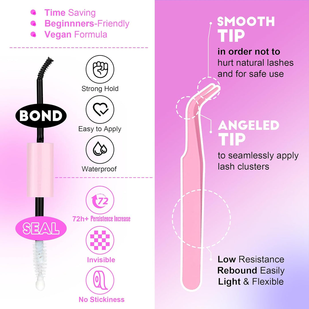 80D Full Volume Eyelash Clusters Kit | DIY Lash Extensions with Bond & Tweezers