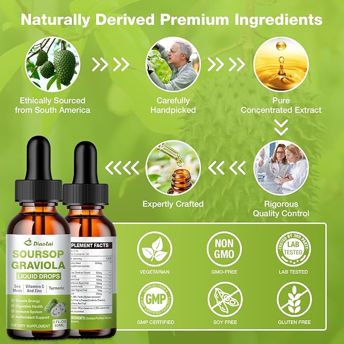 Soursop Graviola Liquid Drops - 100% Pure Organic Graviola Extract (2 Fl Oz) - Immune Support, Antioxidant Rich, Natural Energy Boost - Vegan, Non-GMO, Alcohol-Free