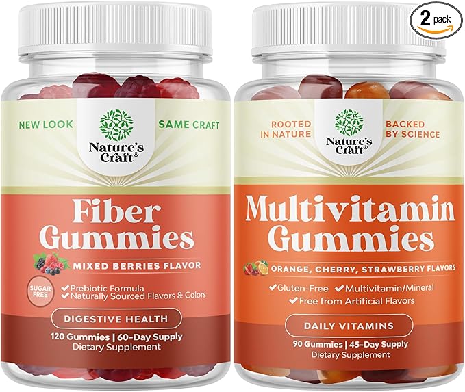 Bundle of Sugar Free Fiber Gummies for Adults - High Fiber Supplement Gummies Vitamins for Adults and Potent Daily Multivitamin Gummies for Adults Adult Vitamin Gummy for Energy and Immunity