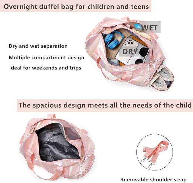 Girls Sports Duffel Bags Woman Travel Bag Overnight Duffle Bag Kids Sports Gym Bag With Shoe Compartment Wet Pocket (Matte Pink)