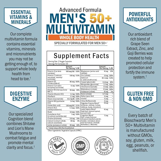 Once Daily Multivitamin for Men 50 and Over - Supplement for Heart Health Support - with Zinc, A, B, C, D3, E Vitamins - for Memory & Brain Health Support - Designed for Whole Body Health - 60 Count