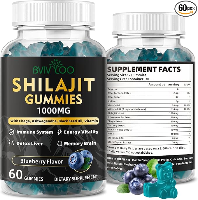 Pure Himalayan Shilajit Gummies for Men & Women - Sugar-Free Shilajit Supplement Rich in 85+ Trace Minerals & Fulvic Acid, Providing Energy, Brain, and Immunity Support - 60 Gummies