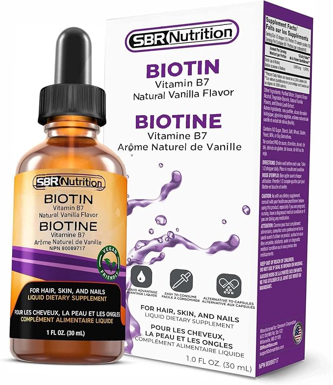 SBR Nutrition Biotin Liquid Drops, 5000mcg per Serving (60) 1.0Fl.oz (30ml) Vanilla