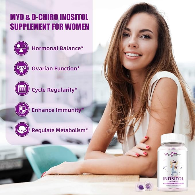Inositol Gummies Myo-Inositol & D-Chiro Inositol Ideal 40:1 Ratio Inositol Supplement with Omega-3 Vitamin D3 Supports Healthy Ovulation Cycle Regularity Grape Flavor 2 Packs