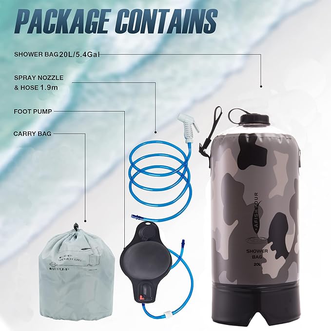 Portable Camping Shower Bag - 10L/2.2 Gallons 20/5 Gallons Solar Shower Water Bag with Foot Pump, Hose and Shower Head - Camp Shower for Camping, Beach, Travel, Outdoor Activities