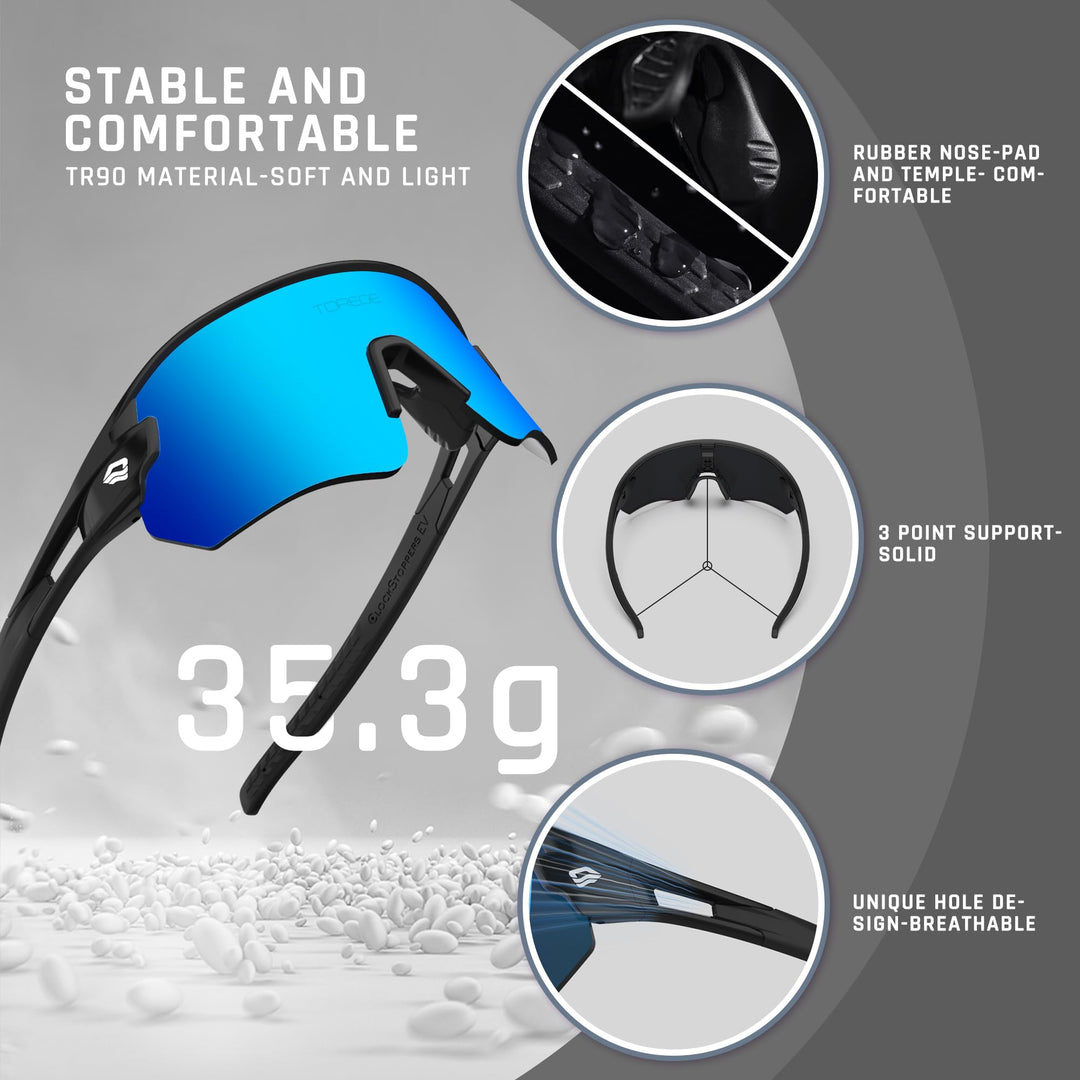 TOREGE Sunglasses for Men Women Bike Cycling Fishing Running Driving Hiking Baseball Anti-fog Sports Z87 Sunglasses UV Protection 02EV (Black Black&Iceblue)