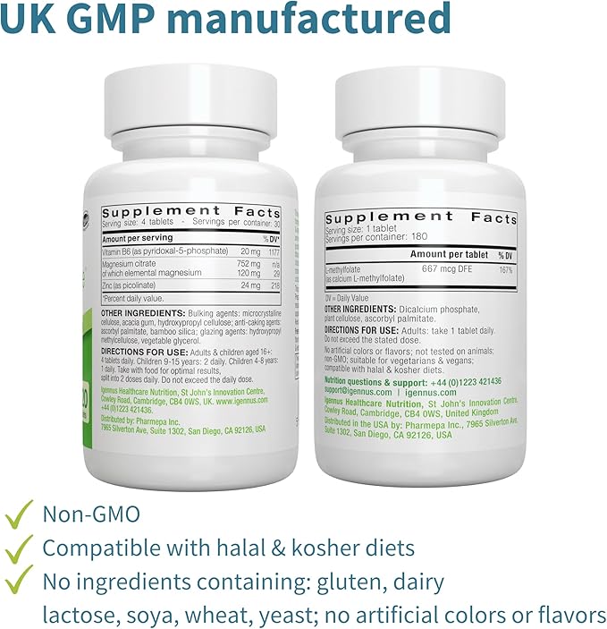 Neurobalance Zinc, Magnesium & Vitamin B6 + Pure Folate 400mcg Vegan Bundle, Chelated Zinc Picolinate 24mg, Oxide-Free Magnesium & Vitamin B6 + Optimized L-Methylfolate, by Igennus