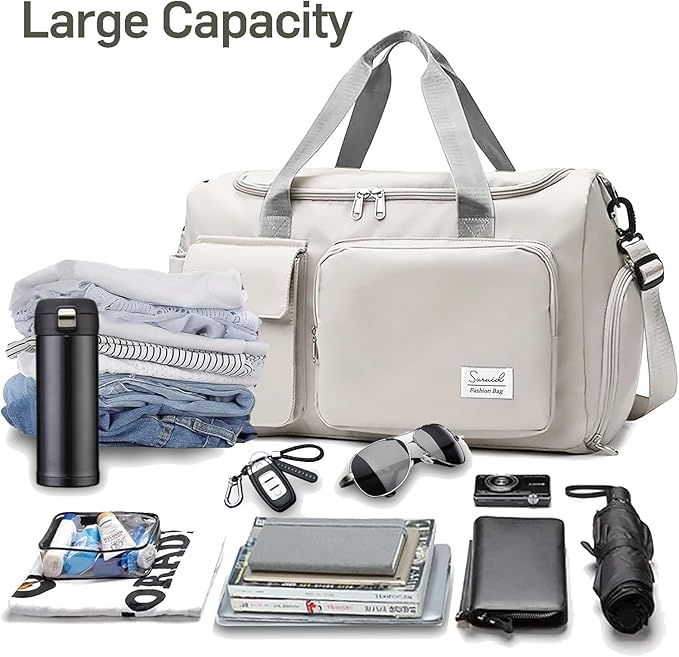 Travel Duffel Bag with Shoes Compartment Sports Gym Bag with Dry Wet Separated Pocket for Men and Women, Overnight Bag Weekender Bag Training Handbag Yoga Bag - White Gray