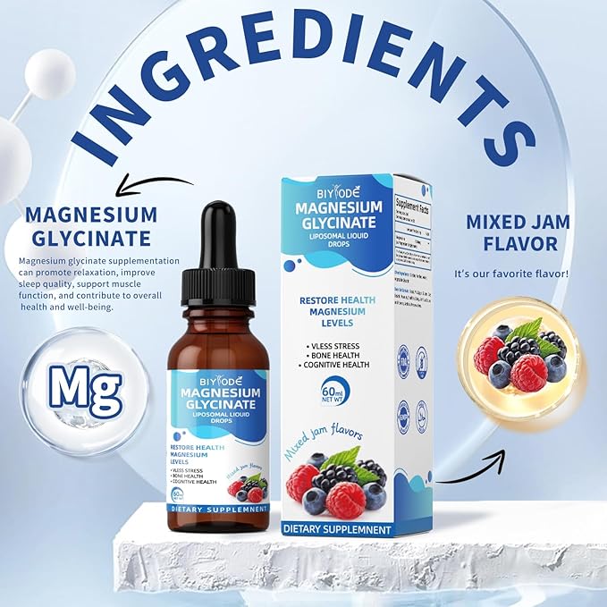 High Absorption Magnesium Glycinate Liquid - with Vitamins B6, C, D, Fiber, Bromelain, Raspberry & Strawberry, Non-GMO, Gluten-Free, Vegan, Stress Relief, Sleep, Muscle & Heart Support, 60ml