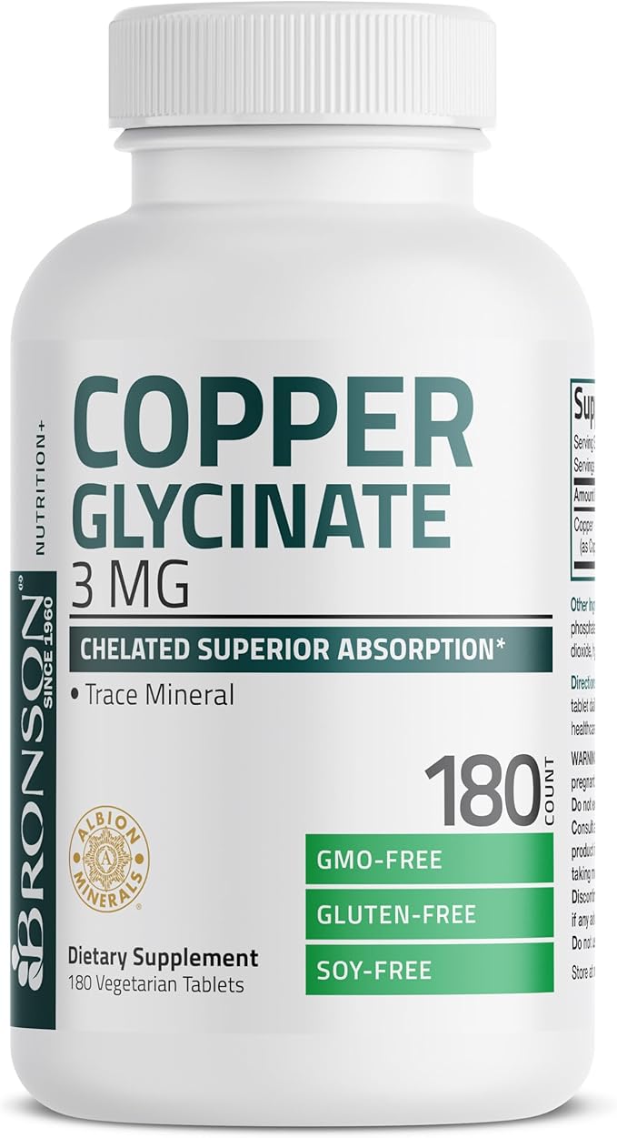 Bronson Copper Glycinate 3mg Chelated Superior Absorption Non-GMO, 180 Vegetarian Tablets