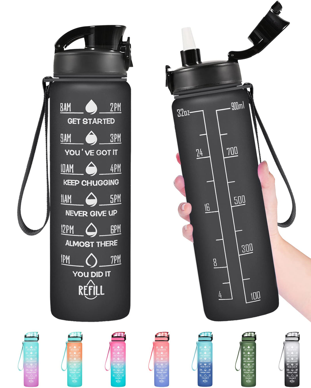 Enerbone 32 oz Water Bottle, Leakproof BPA & Toxic Free, Motivational Water Bottle with Times to Drink and Straw, Fitness Sports Water Bottle with Strap for Office, Gym, Outdoor Sports, Black Matte