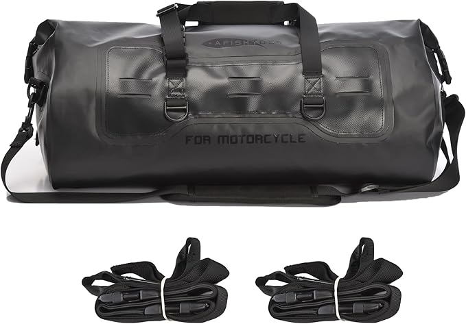 40L Waterproof Motorcycle Duffel Bag - Motorcycle Luggage Tail Bag with Straps for Back Seat - Roll Top Dry Bag for Kayaking, Rafting, Boating, Camping, Travel, Beach (Black)