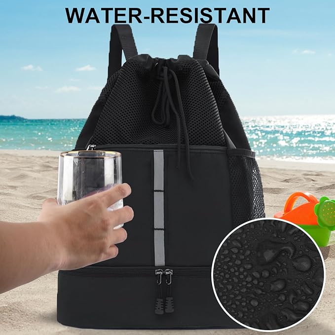 Drawstring Backpack with Mesh Pockets String Gym Bag Sackpack Sandproof Water Resistant Beach Backpack for Men Women