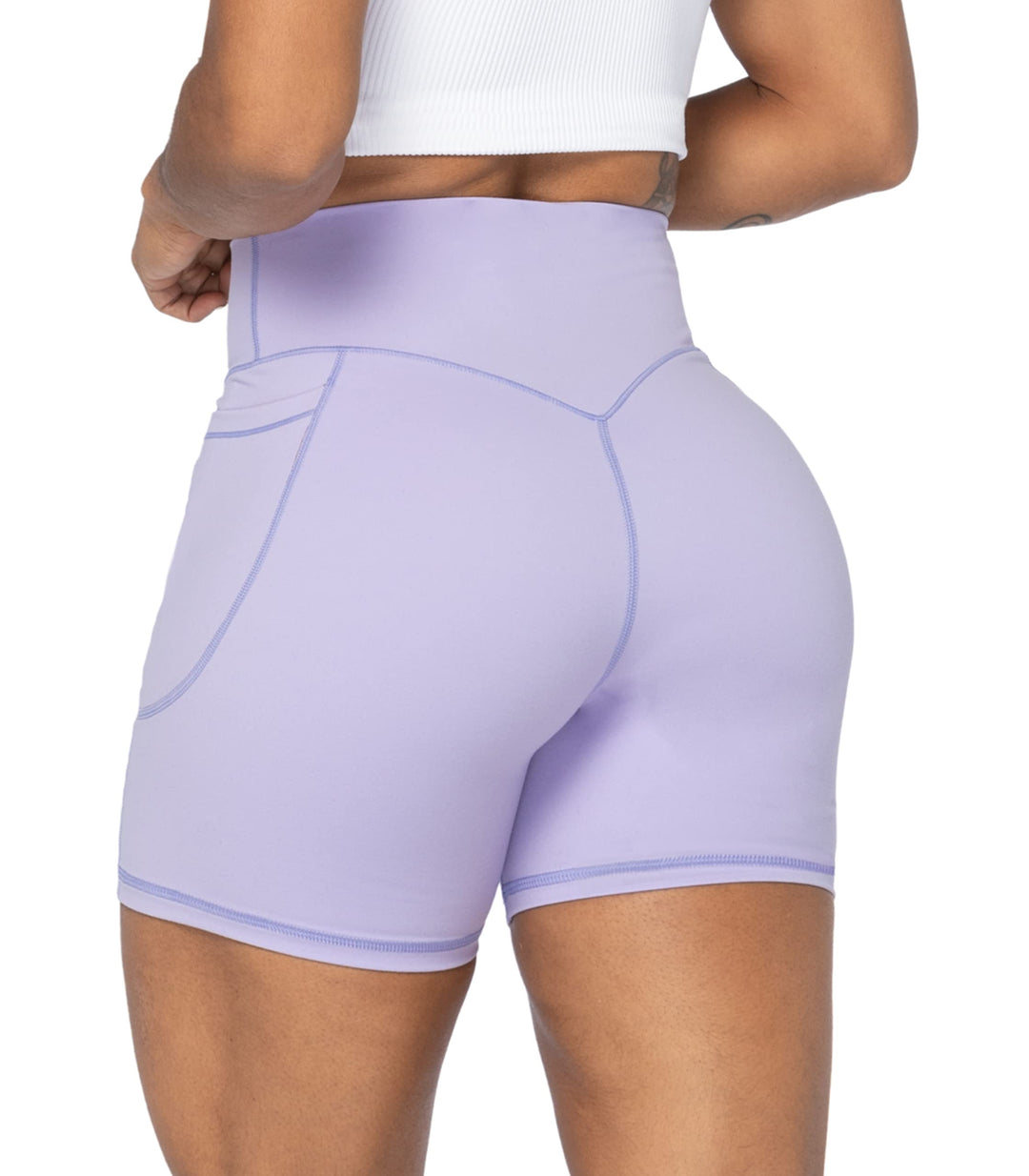 Sunzel No Front Seam Biker Shorts for Women with Pockets, Yoga Workout Gym Bike Shorts with Tummy Control 5" Lilac X-Small