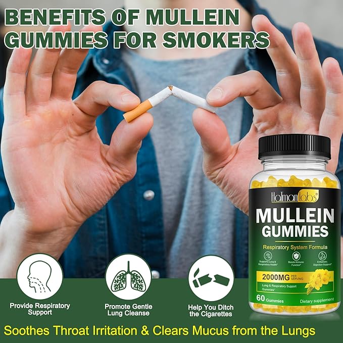 Mullein Gummies for Lungs, 2000 MG(50:1 Extract) Mullein Leaf Extract for Lung Cleanse and Respiratory Support, Natural Mullein Herbal Supplement, Pear Flavor Gummies 60 Count