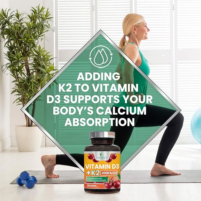 Vitamin D3 K2 2000 IU Plus with K2 (MK-7) 75 mcg - Vitamins D & K Complex Supplement for Bone, Teeth, Muscle, Calcium Absorption, Supports Immune & Heart Health, Non-GMO Chewable Formula - 180 Tablets