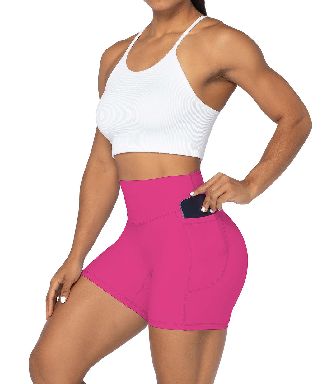 Sunzel No Front Seam Biker Shorts for Women with Pockets, Yoga Workout Gym Bike Shorts with Tummy Control 5" Sonic Pink X-Small