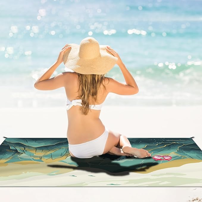 Beach Blanket Waterproof Sandproof Large Beach Mat 83" X 106" for 5-7 Adults Sand Free Mat Quick Drying,Oversized,Lightweight & Durable with 4 Stakes & 4 Corner Pockets for Beach Camping .(Mountain)
