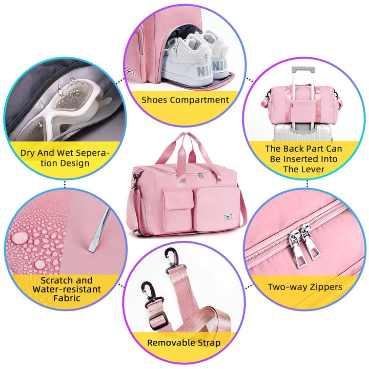 FIORETTO Women's Water-Resistant Gym Duffle Bag with Shoes Compartment, 37L Capacity, Multi-Functional, Ideal for Travel, Gym, Sports, Weekender, with Toiletry Bag, Pink