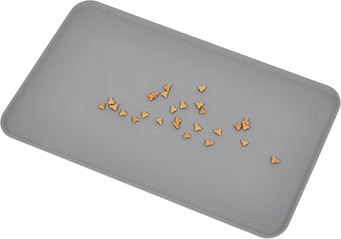 Amazon Basics Waterproof Anti-Slip Silicone Cat & Dog Food Mat, Pet Mats with Raised Edges for Food and Water Bowl to Protect Floors, 18.5 x 11.5 Inches, Gray, Solid