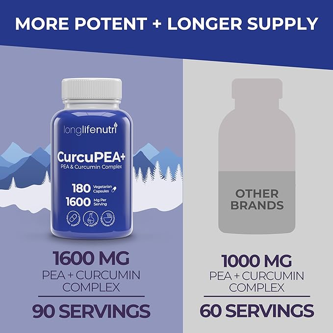 CurcuPEA+ (Palmitoylethanolamide + Turmeric Complex 600mg/1000mg) – Derived from Curcumin Longa, 180 Vegetarian Capsules, Natural Antioxidant, 3-Month Supply, GMP Certified, Vegan, Made in USA