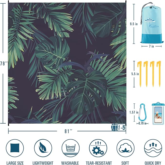 Beach Blanket Sandproof Waterproof 78''×81''1-5 Adults Oversized,Compact Lightweight Durable Beach Mat for Travel Camping Hiking Picnic Blanket