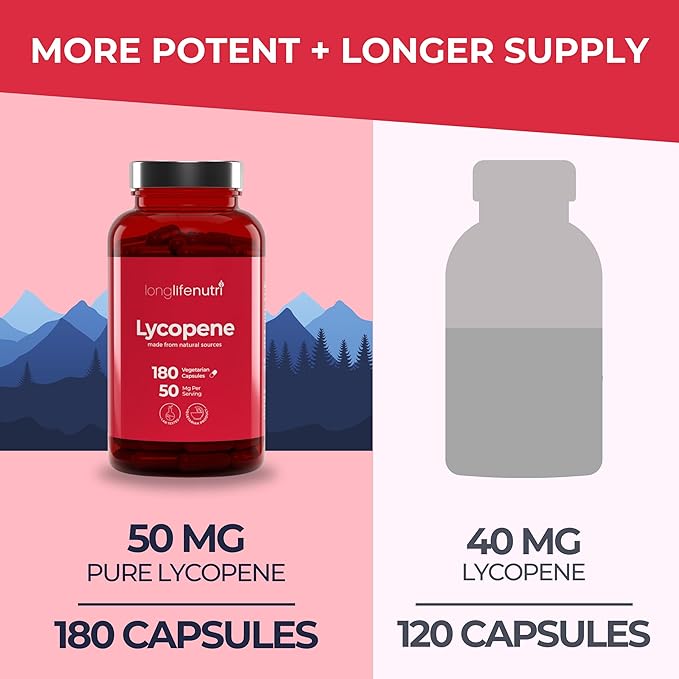 Lycopene 50mg 180 Vegetarian Capsules | Supplement Health | Natural Tomato Extract Non-GMO | Pure Powder