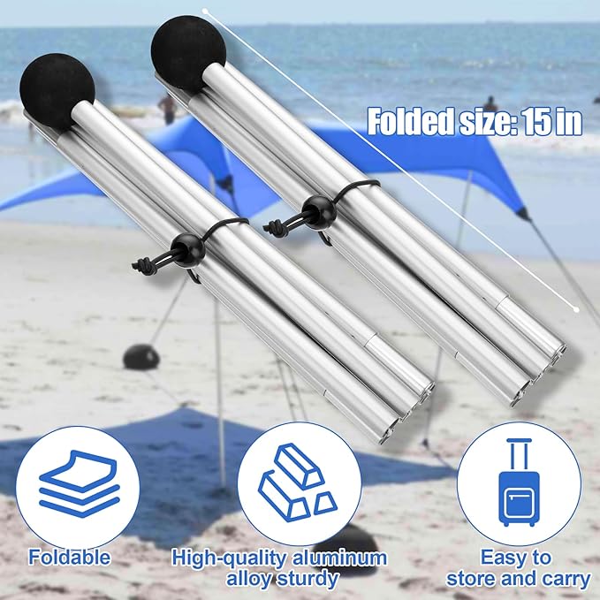 Beach Tent Poles Replacement - 6ft11in Extra Poles fits Neso Grande Canopy, 2 Packs Foldable Portable Aluminum Alloy Repairing Fixing Accessories for Camping Parties Fishing Hiking