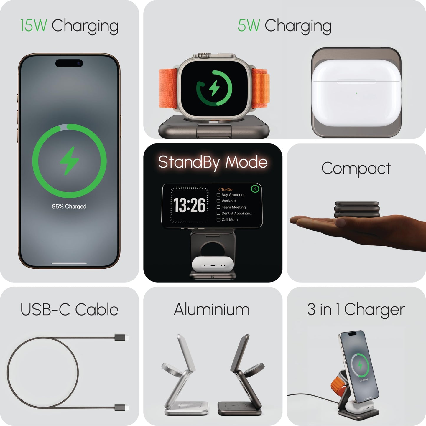 𝗛𝗜𝗥𝗢𝗧𝗢 3 in 1 Wireless Charging Station for iPhone Magnetic Portable, Foldable Fast Wireless Charger Stand for iPhone 16/15/14/13/12, AirPods Pro 4 3 2 Apple Watch