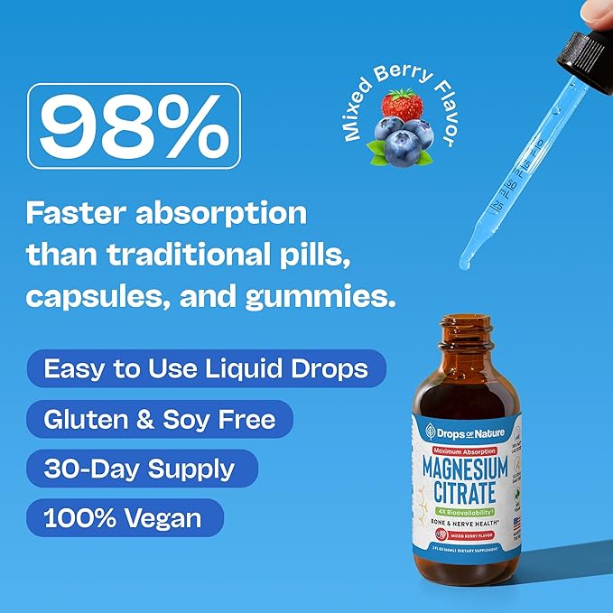 Magnesium Citrate Liquid Supplement – Bioavailable 150 mg Magnesium Supplement – Vegan, Faster Absorption than Citrate Capsules & Pills – Contains Heart & Nerve Nourishing Minerals (Mixed Berry, 60mL)