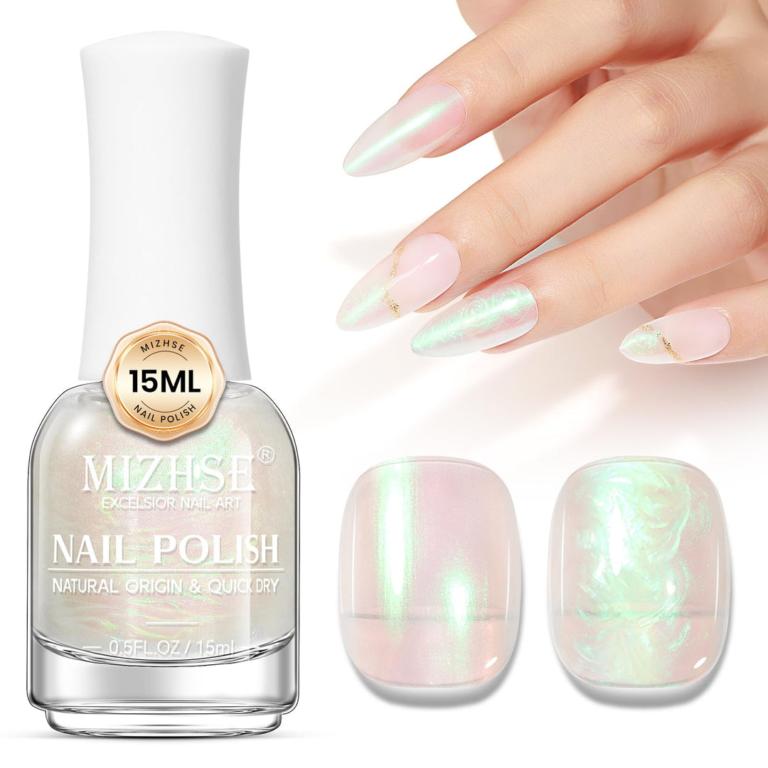 Mizhse Nail Polish: 15Ml Mermaid Pearl Nail Polish Green Aurora Effect Nail Polish, Fingernail And Toenail Polish Glossy Long La