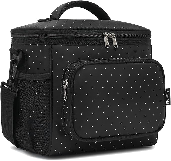FlowFly Insulated Reusable Lunch Bag Adult Large Lunch Box for Women and Men with Adjustable Shoulder Strap,Front Zipper Pocket and Dual Large Mesh Side Pockets,Dot