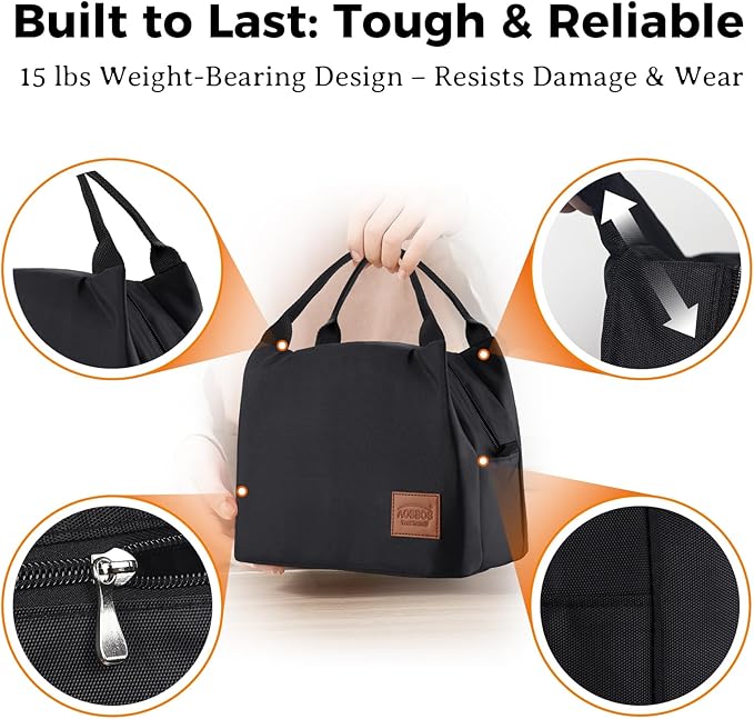 Aosbos Black Lunch Bag Women Insulated Lunch Bags for Adult Lunch Box for Women Lunchbox Lunch Tote Bento Box Cooler Bag for Work Office Picnic