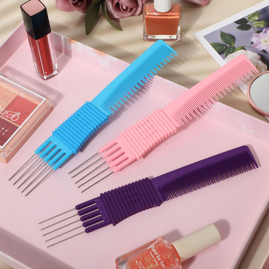 Leinuosen 3 Pack Carbon Lift Teasing Combs with Metal Prong, Hair Pick Comb for Women Hair Styling(Blue, Pink, Purple)