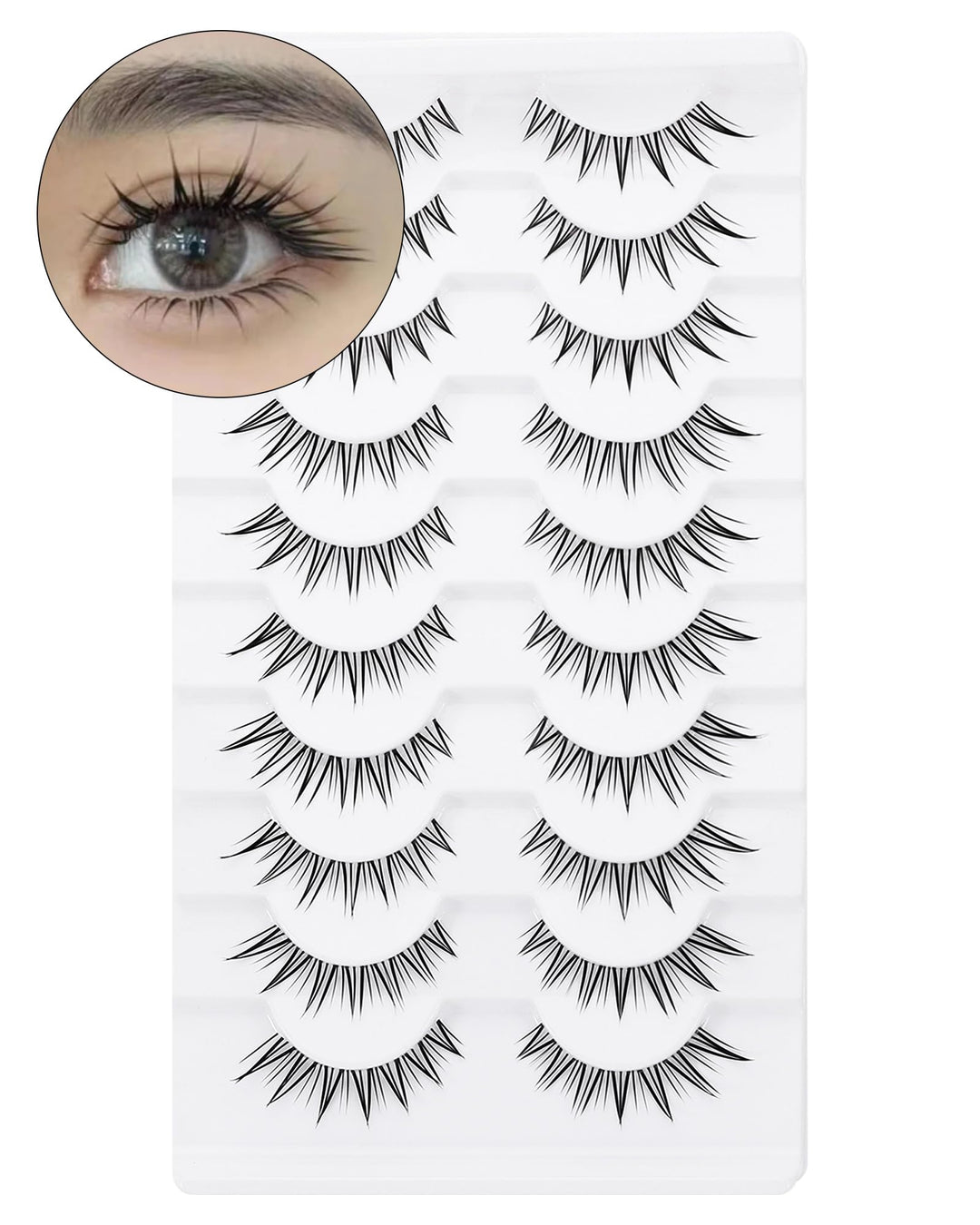 outopen 10 Pairs Fox Eye Manga Lashes Natural Look Asian Lashes Doll Style Spiky Clear Band Anime Lashes Wispy Cat Eye False Lashes Extension