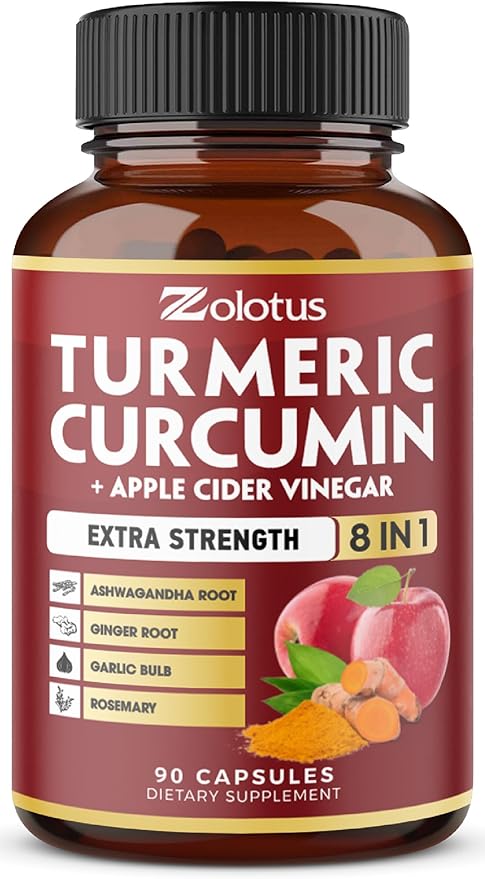 7 in 1 Turmeric Curcumin + Apple Cider Vinegar Capsules, 3 Month Supply with Ashwagandha, Ginger, Garlic Bulb, 95% Standardized Curcuminoids, Joint & Absorption Support
