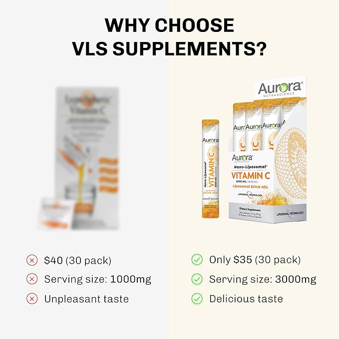 Aurora Nutrascience Nano-Pack Liposomal Vitamin C Powder Drink Mix, Immune Support, High Strength 3,000 mg Per Serving, 30 Single Serve Packets, Orange