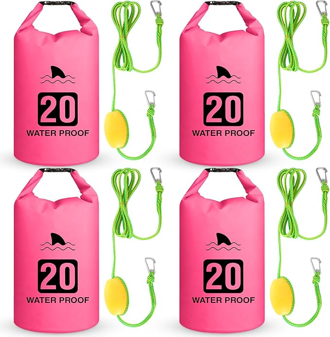 4 Set 2 in 1 Sand Anchor and Buoy Kit Floating Bag Kayak Anchor Waterproof Dry Bag for Lake Beach Boats Watercrafts Hiking Camping Water Sports Surfing Tubing Kayaking(Rose Red)