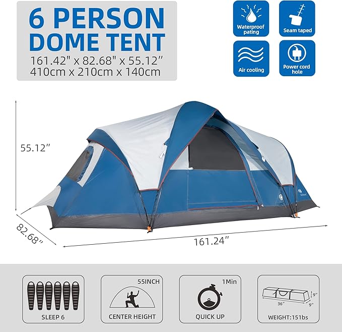 Tent for Family Camping Quick Setup, Instant Pop Up Dome Tents Outdoor 2-3 Person / 6 Person, with Water-Resistant Rainfly and Mesh Roofs & Door & Windows