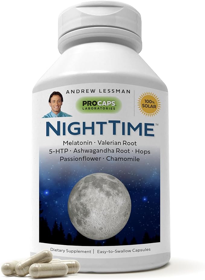 ANDREW LESSMAN Night Time 360 Capsules - 3mg Melatonin, Valerian, Ashwagandha, Passionflower, Hops, Chamomile. No Morning Hangover. Natural Support, Gentle Restful Sleep. Easy to Swallow Capsules