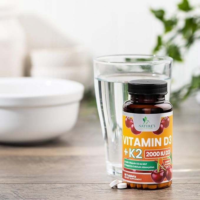 Vitamin D3 K2 2000 IU Plus with K2 (MK-7) 75 mcg - Vitamins D & K Complex Supplement for Bone, Teeth, Muscle, Calcium Absorption, Supports Immune & Heart Health, Non-GMO Chewable Formula - 60 Tablets