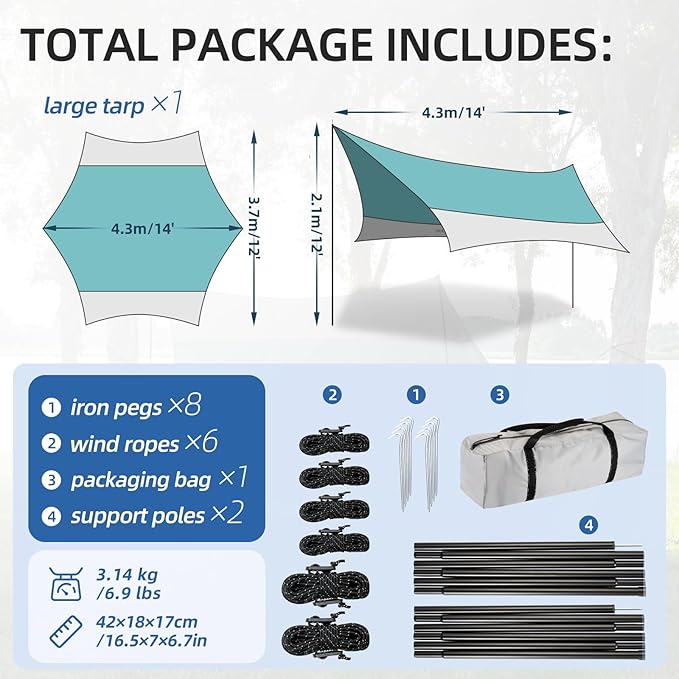 12X14FT Camping Tarp with 2 Poles, UV UPF50+ Lightweight Car Awning Sun Shelter, PU3000 Waterproof Tarp for Camping, Hiking and Backpacking Trips