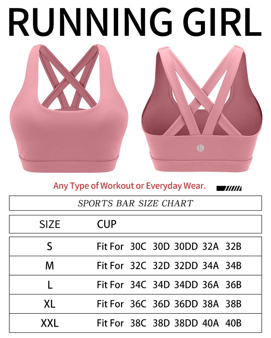 RUNNING GIRL Sports Bra for Women, Criss-cross back Padded Strappy Sports Bras Medium Support Yoga Bra with Removable Cups (WX2575.Pink-1, S)