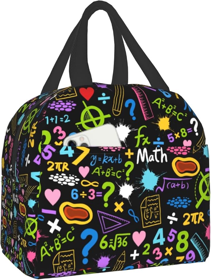 Imiss Math Education Lunch Bag Colorful Formulas Calculations Lunch Box with Front Pocket Reusable Thermal Cooler Bag for School Work Picnic Travel Meal Prep Bag